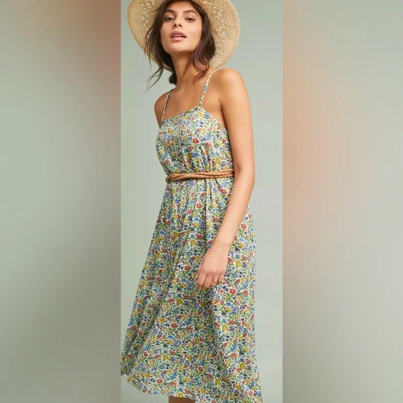 Anthropologie Multicolor Floral Midi Dress|Adjustable Straps|Flowy|Size L - Picture 2 of 8